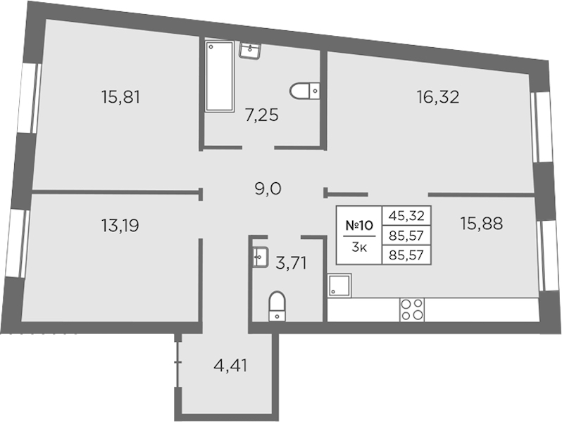 3-комнатная квартира 85.57 м², 3/7 эт., ЖК «Северная Корона»